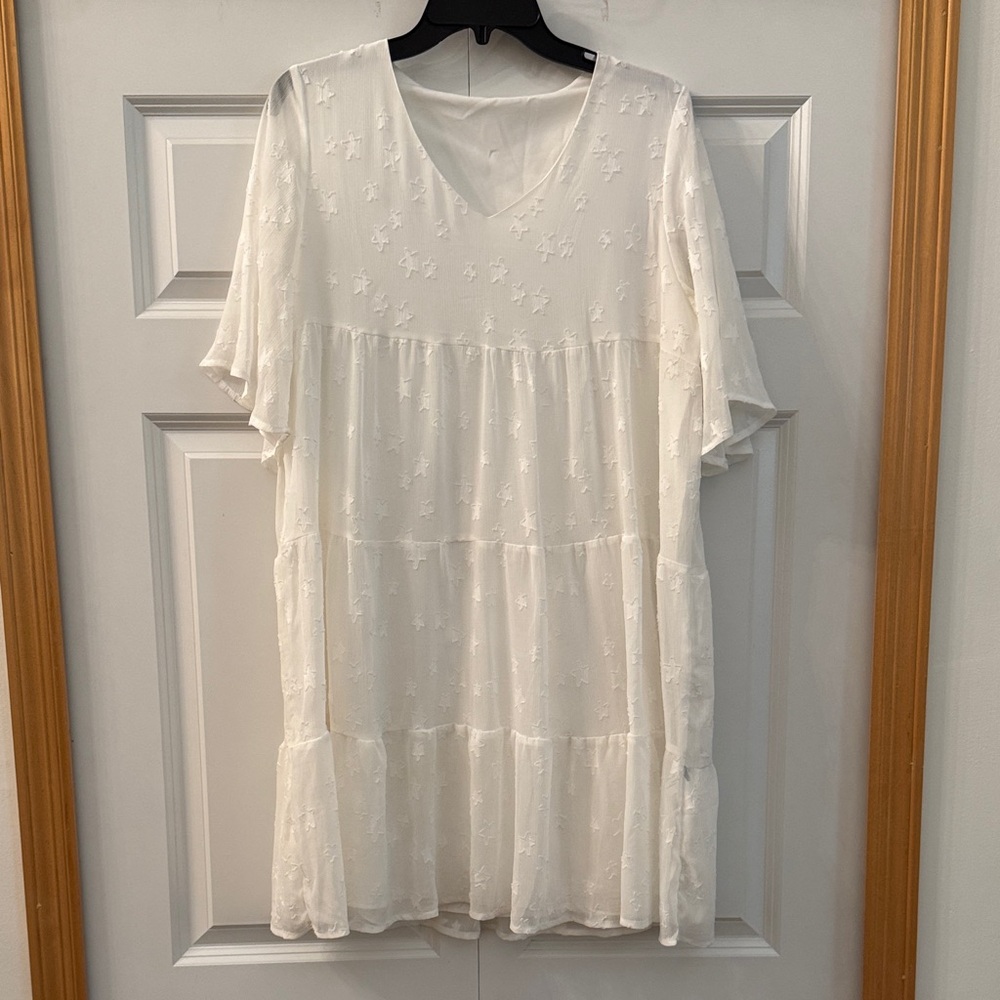 White Tiered Dress with Star Embroidery